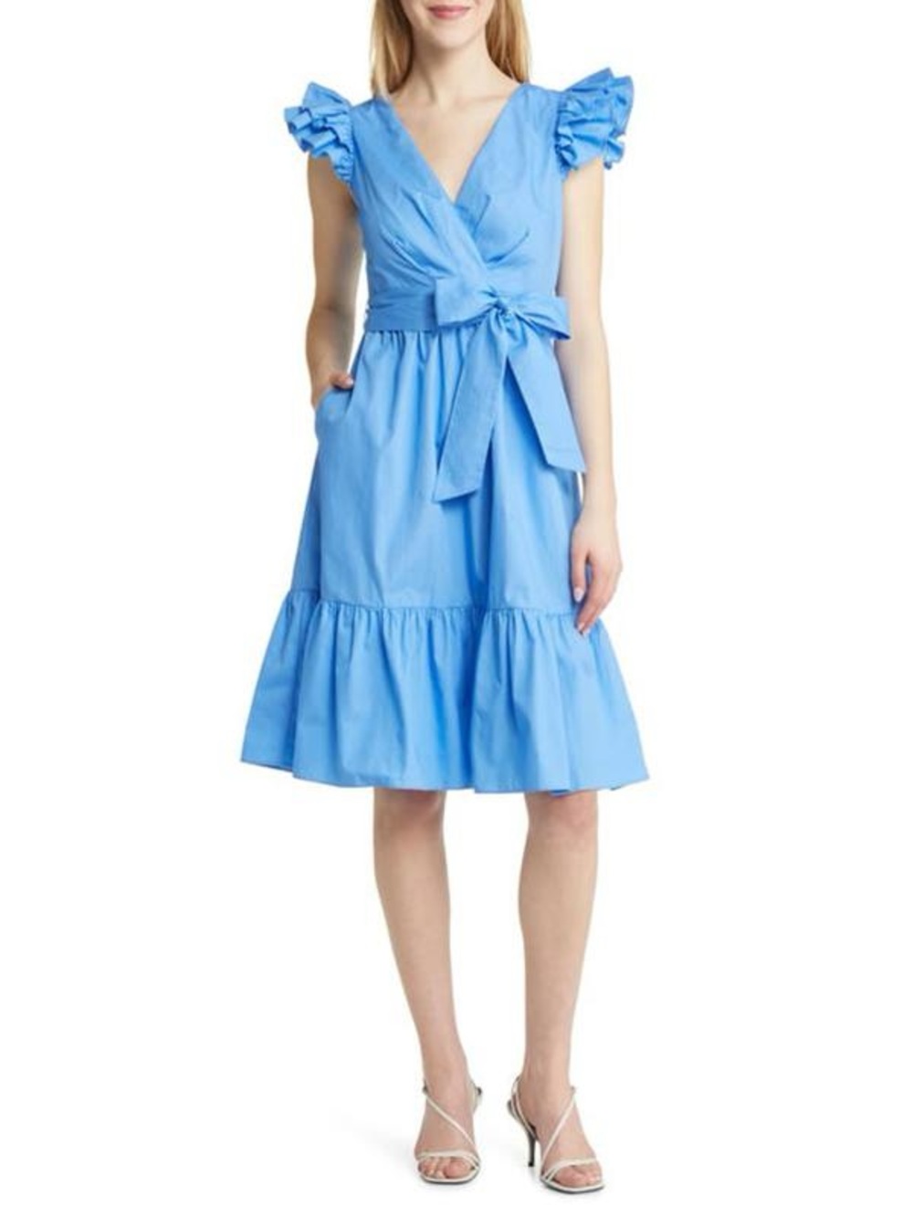 Eliza J Blue Ruffled Wrap Dress Tie Size 8 Wedding Guest Vacation Beach Summer